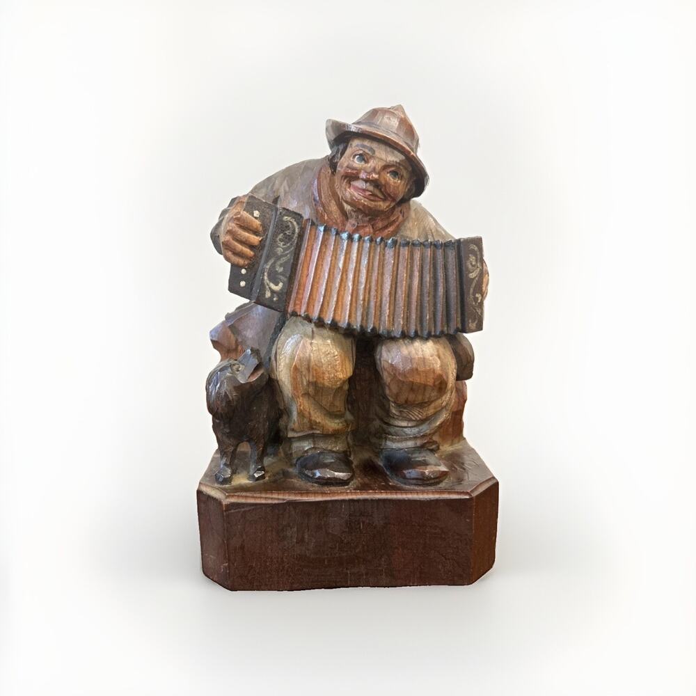 Vintage ANRI Italy Hand Carved Wood Accordion Player w Dog Figurine 6.25”